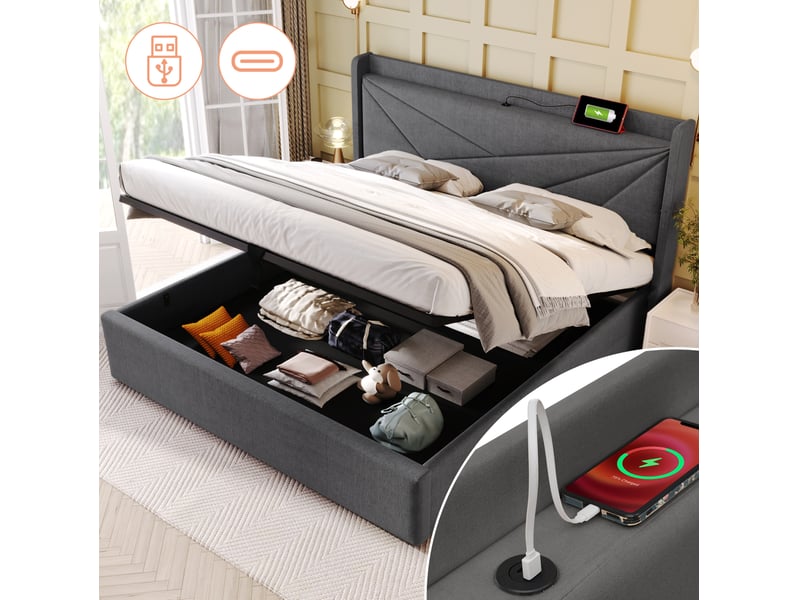  Modenvie lit coffre 180x200 cm - tête de lit géométrique, ports usb et usb-c, sans matelas - gris  - Conforama D