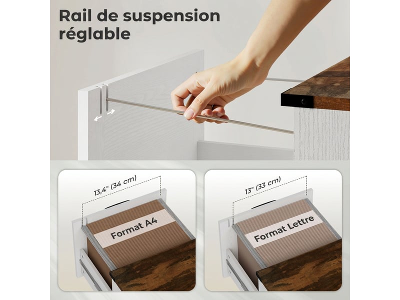  Caisson de bureau avec 4 tiroirs, dossiers suspendus pour formats lettrea4, style rustique, 40x40x131cm, blanc  - Conforama R