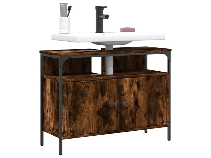  Armoire lavabo salle de bain, meuble de rangement chêne fumé 80x30x60 cm shl9656  - Conforama B