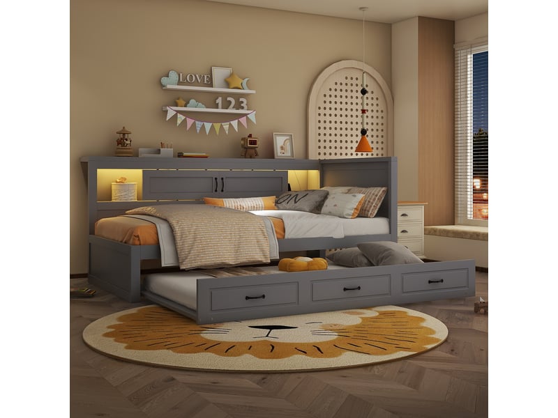  Canapé-lit 90x200 cm avec lit gigogne et éclairage led, lit simple avec prise électrique + usb, canape lit 2 personnes en gris  - Conforama E