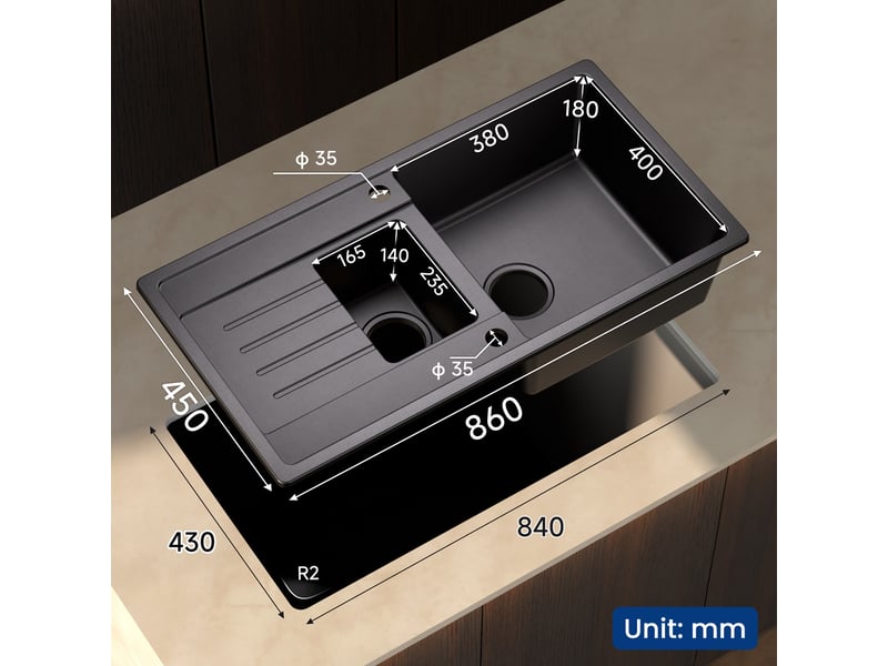  Cecipa max évier de cuisine 86x45cm - évier en granit 1,5 bac - bac principal et bac secondaire - avec panier égouttoir et système d’évacuation - noir  - Conforama B