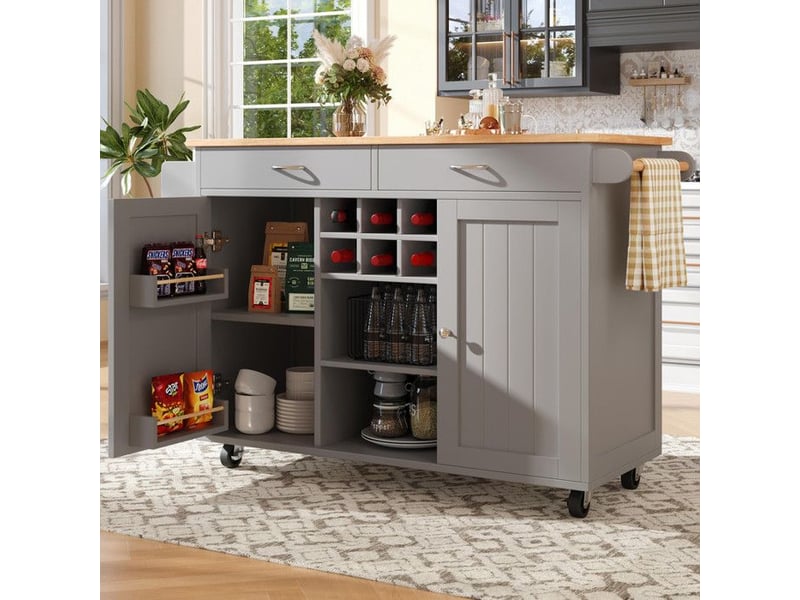  Îlot de cuisine - moderne - gris - mdf &amp; métal - rangement flexible - roulettes 360°  - Conforama D