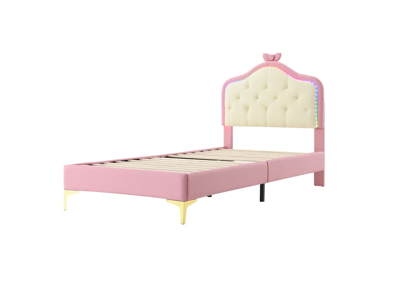  Lit enfant blanc et rose avec led changeantes, sommier à lattes inclus  - Conforama D