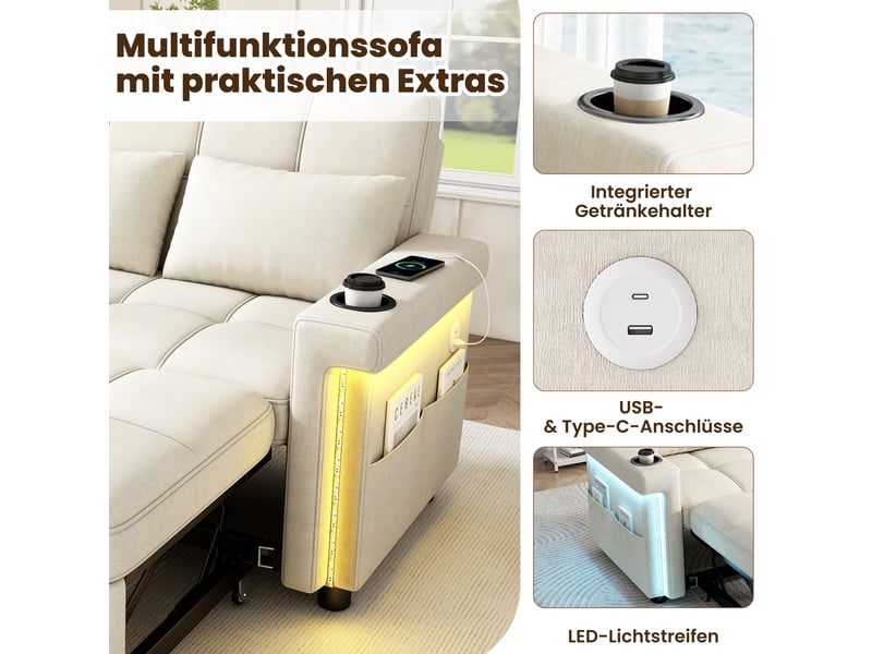  Canapé convertible 2 places en chenille beige avec éclairage led  - Conforama C