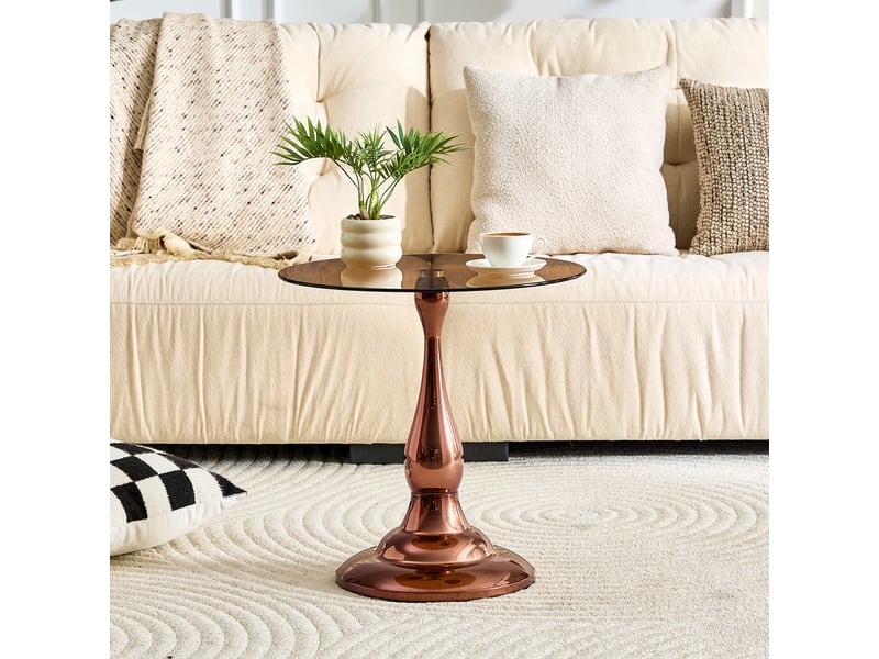  Table d’appoint ronde en verre trempé avec base antidérapante - lpospi - piètement métal brun 50 cm × 51,5 cm  - Conforama C