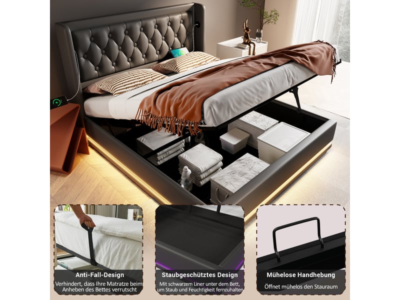 Lit coffre 160x200 cm avec led, port usb type-c, tête de lit et cadre en métal, sommier inclus, pu, noir, sans matelas - Conforama E