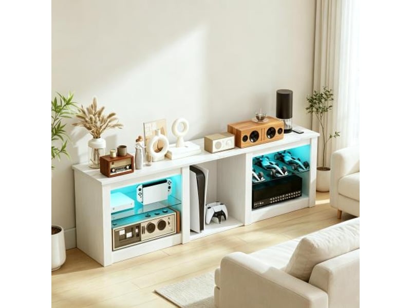 Meuble tv led 160 cm - écran jusqu’à 70 pouces, étagères en verre réglables - Conforama D