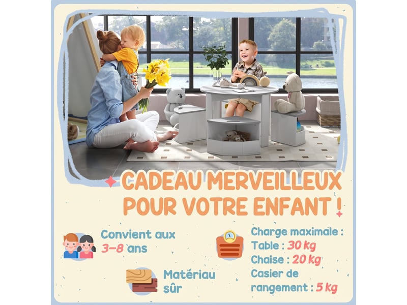 Table enfant avec 4 chaises 5 pièces avec rangement, ø 78 x 49 cm, cadeau pour fille garçon 3-8 ans, gris - Conforama W