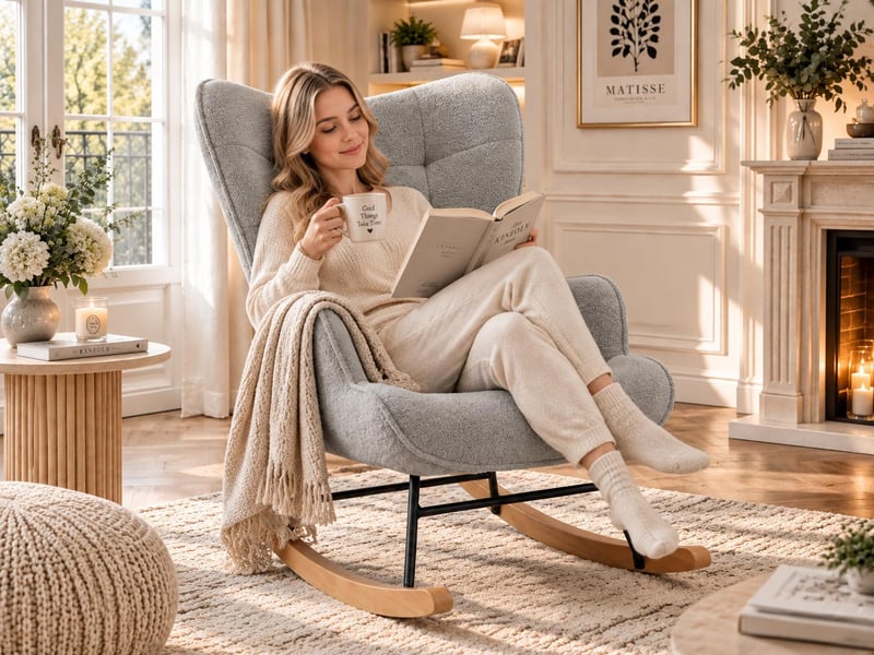  Gray teddy bear plush rocking chair, square tufted high-backed cushioned rocking chair with wooden rocking rod, suitable for bedroom, nursery, and living room.  - Conforama C