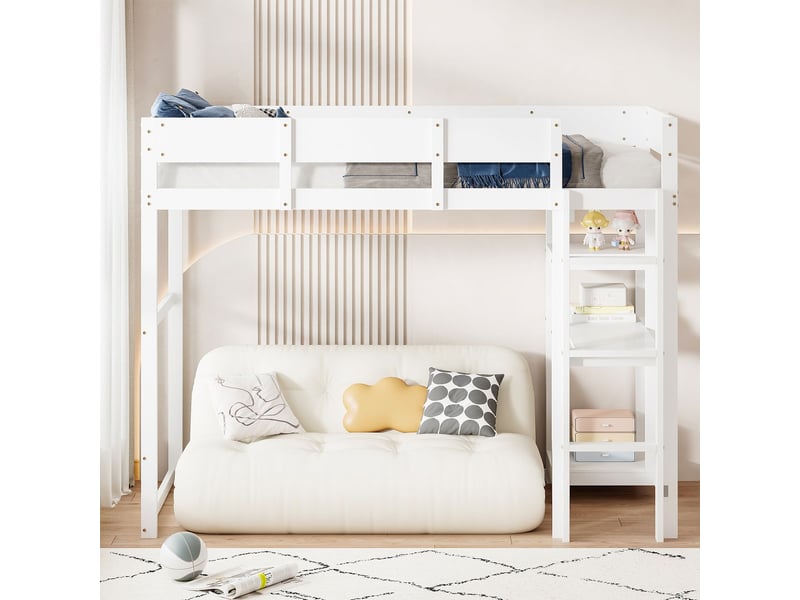  Lit mezzanine 90x200 cm avec étagère en bois massif - lit 1 place - gain de place sécurisé pour enfant blanc  - Conforama B