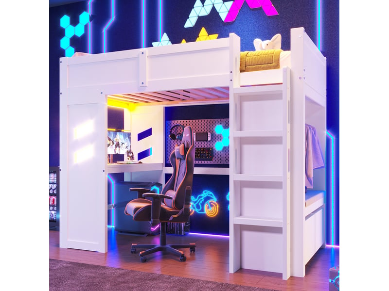  Lit mezzanine 90x200 cm avec bureau, éclairage led, tiroirs et échelle blanc  - Conforama B