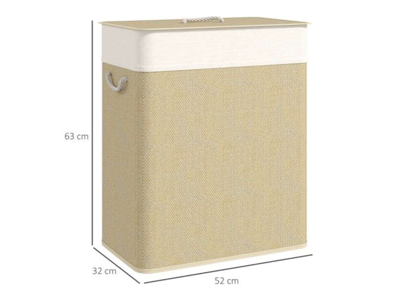  Panier à linge en bambou 100 l avec couvercle, 2 compartiments, poignées en corde et sac amovible  - Conforama E