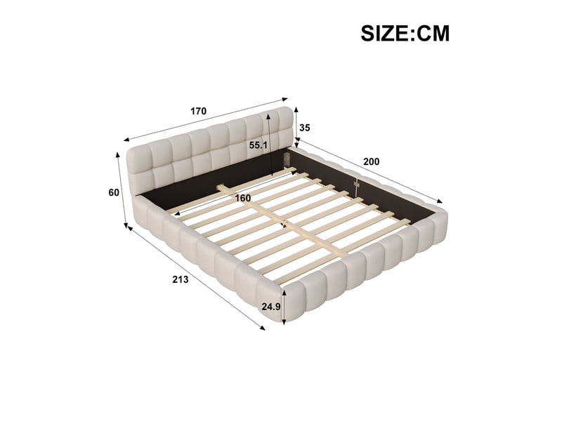  Lit 2 places 160x200 cm, lit double rembourré, lit bubble avec sommier à lattes, lits matelassé nuage, tissu en lin, coloris beige  - Conforama C