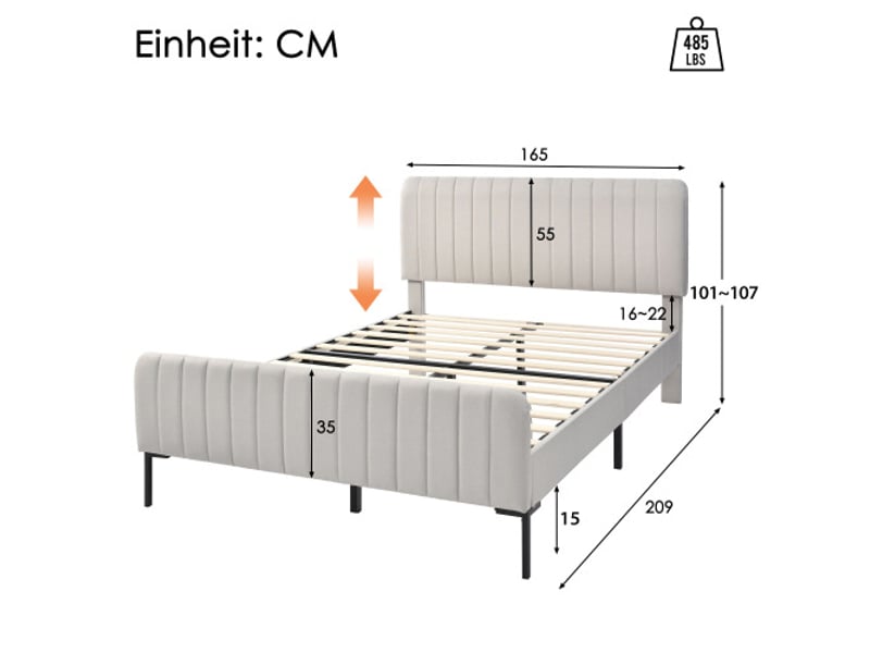  Lit double rembourré 160x200cm, avec sommier à lattes et tête de lit réglable, en lin, gris et beige, matelas inclus  - Conforama D