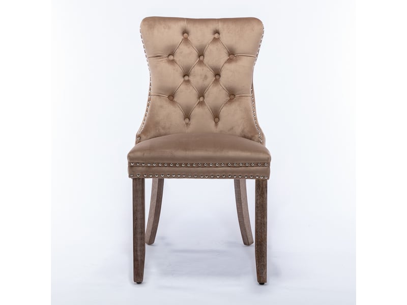  Lot de 2 chaises de salle à manger en velours kaki, dossier haut capitonné, clous décoratifs, pieds en bois massif, style français élégant  - Conforama D