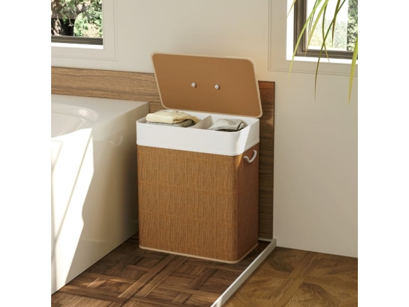 Panier à linge en bambou 100 l avec couvercle, sac amovible, poignées en corde, marron - Conforama C