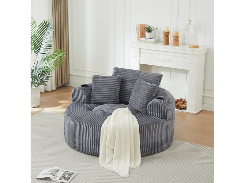  Canapé lounge rond 1 place 142.00×142.00×85.00 cm en velours côtelé avec porte-gobelets et rangements latéraux gris chicfurn  - Conforama B