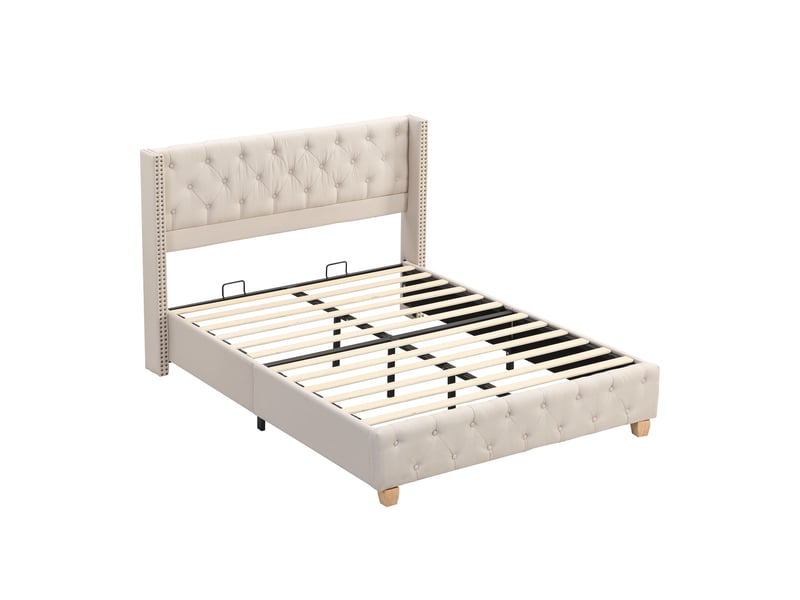  Lit 140x190 cm lin beige – tête capitonnée et sommier à lattes  - Conforama D