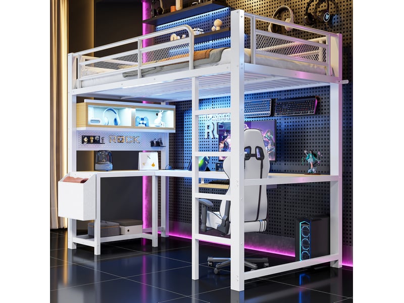  Lit mezzanine, 90x200 cm, bureau avec led et chargeur usb, solutions de rangement, métal et mdf et bois, coloris blanc  - Conforama B