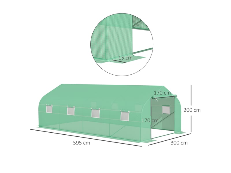  Serre de jardin 595x300x200 cm – verte – porte zippée, fenêtres enroulables et structure en acier galvanisé  - Conforama C