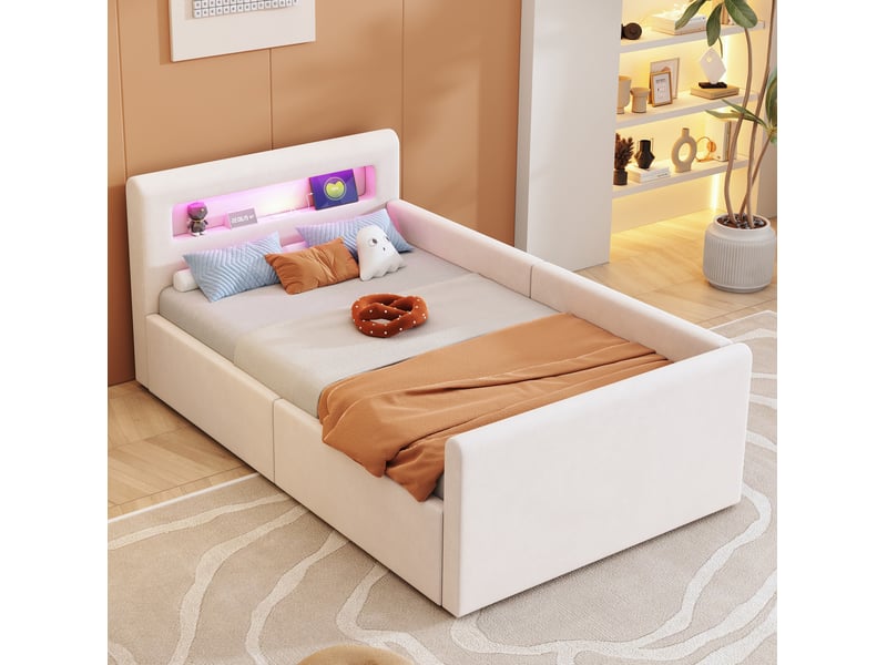  Lit coffre enfant 90x200 cm avec led et usb beige  - Conforama B