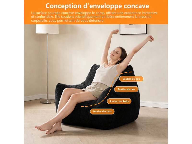 Fauteuil pouf 1 place en velours côtelé noir, assise moelleuse et enveloppante, 80x73x80 cm, design moderne pour salon chambre - Conforama D