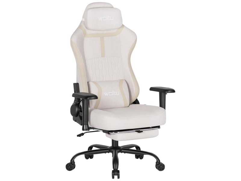  Chaise gaming, avec dossier inclinable appui-tête,repose-pieds rétractable, en maille, blanc crème  - Conforama A