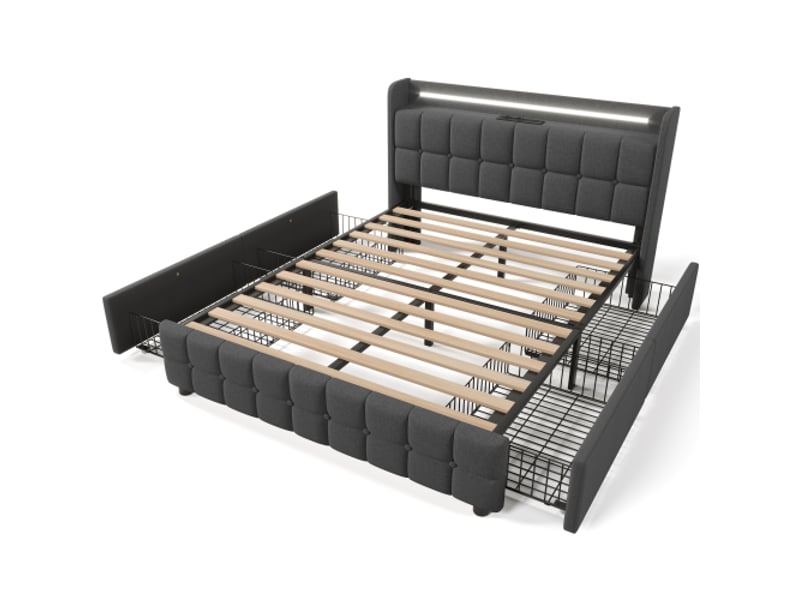  Lit rembourré 180x200cm, lit double, fonction de chargement usb, éclairage led et 4 tiroirs, gris(sans matelas)  - Conforama A