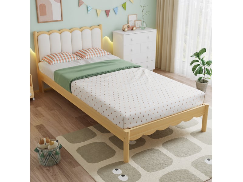 Lit enfant 90x200 cm tête de lit rembourrée, design ondulé en bois beige et coloris naturel  - Conforama B