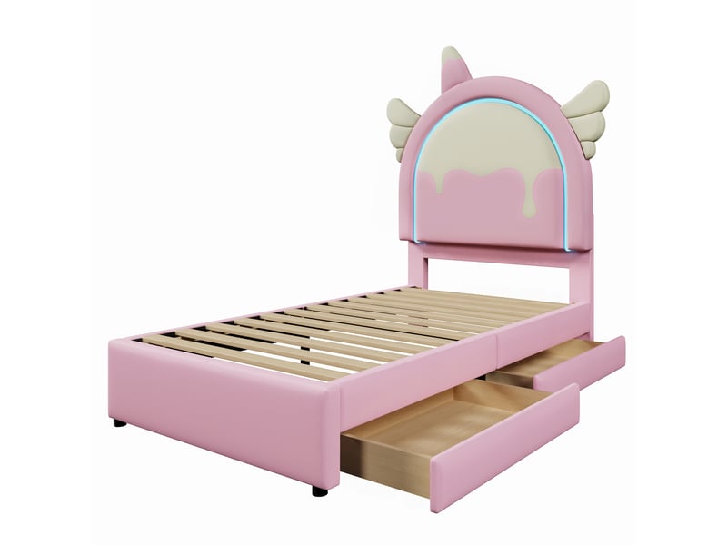  Lit rembourré rose 90x200 cm licorne avec led et 2 tiroirs de rangement  - Conforama E