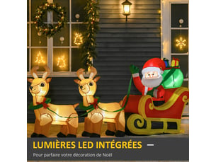 Père noël gonflable led dim. 240l x 57l x 112h cm avec traîneau, hotte 6 led polyester imperméable, rennes