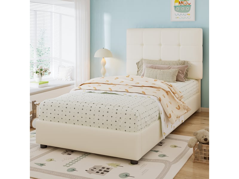  Lit enfant 90x200 cm avec tête biscuit et protections anti-collision, bois, beige, sans matelas  - Conforama B