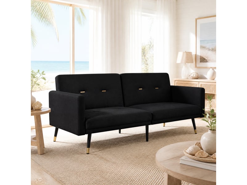  Canapé convertible 2 places 164x89x70 cm dossier inclinable 5 positions, velours, pieds métal, noir  - Conforama B