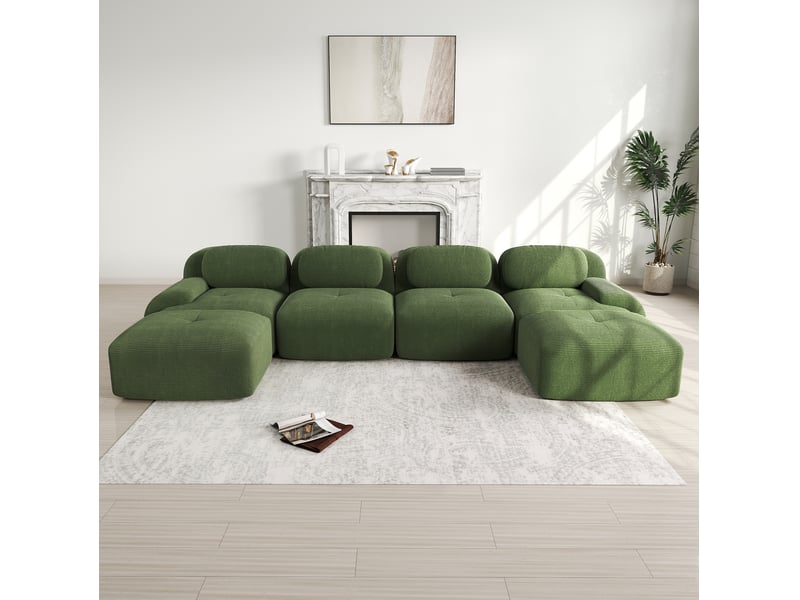  Canapé d'angle panoramique modenvie modulable 4 places 388 x 178 x 70 cm en velours côtelé vert  - Conforama E