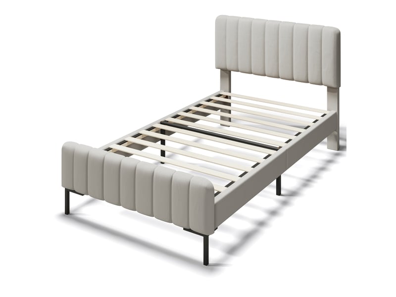  Lit simple 90x200 cm avec sommier à lattes et tête de lit réglable, gris et beige  - Conforama A