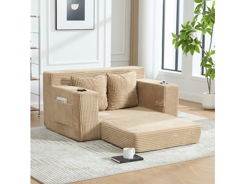  Fauteuil pouf en velours côtelé avec coussins amovibles, poches latérales et accoudoirs, kaki, 151 × 133 × 64 cm  - Conforama B