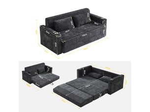 Canapé-lit 2 places convertible 2 en 1 en tissu chenille noir et gris, avec ports usb, porte-gobelets et 2 coussins