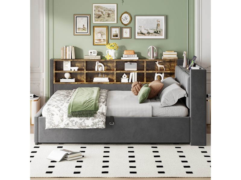  Lit coffre enfant 140x200 cm, led, usb type-c, étagères, rangement, sommier, velours gris foncé, sans matelas  - Conforama B