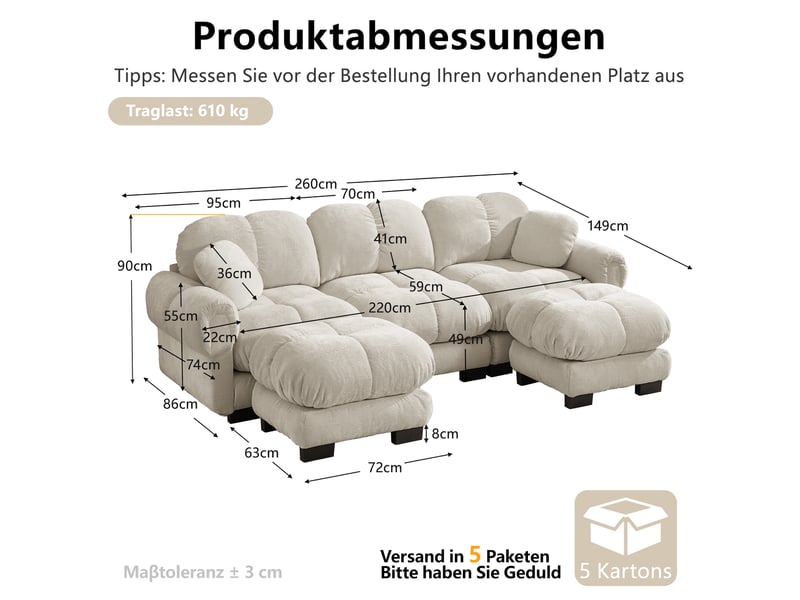  Canapé modulable en u 3 places 260x149x90 cm, 2 coussins, pouf déplaçable, tissu en chenille, kaki clair  - Conforama C