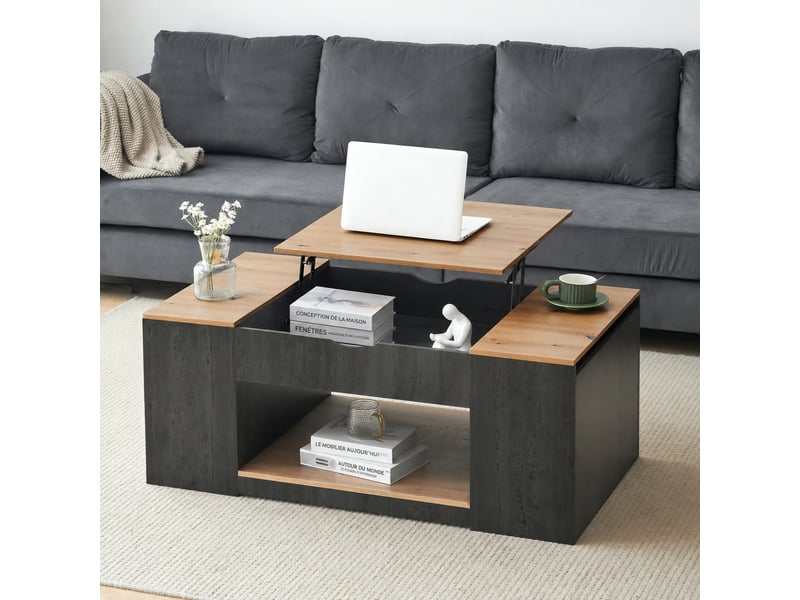 Table basse relevable avec rangement, 3 compartiments, 109,5 cm, gris et marron effet bois - Conforama B