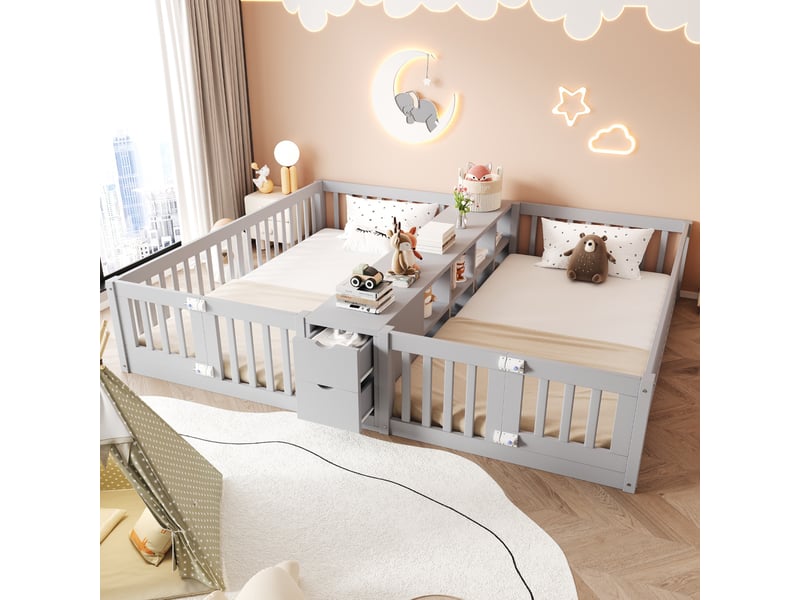  Lit enfant 90x200 cm - lit double jumeaux au sol 90x200 - avec barrières de sécurité, étagères centrales et tiroirs - bois de pin et mdf - gris  - Conforama E