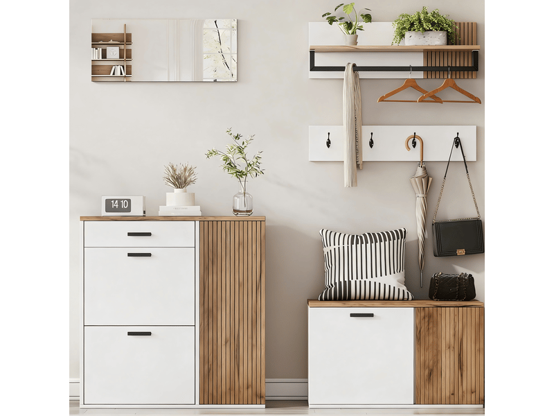  Ensemble d'entrée 5 pièces avec meuble à chaussures, banc et miroir, blanc et effet chêne  - Conforama D