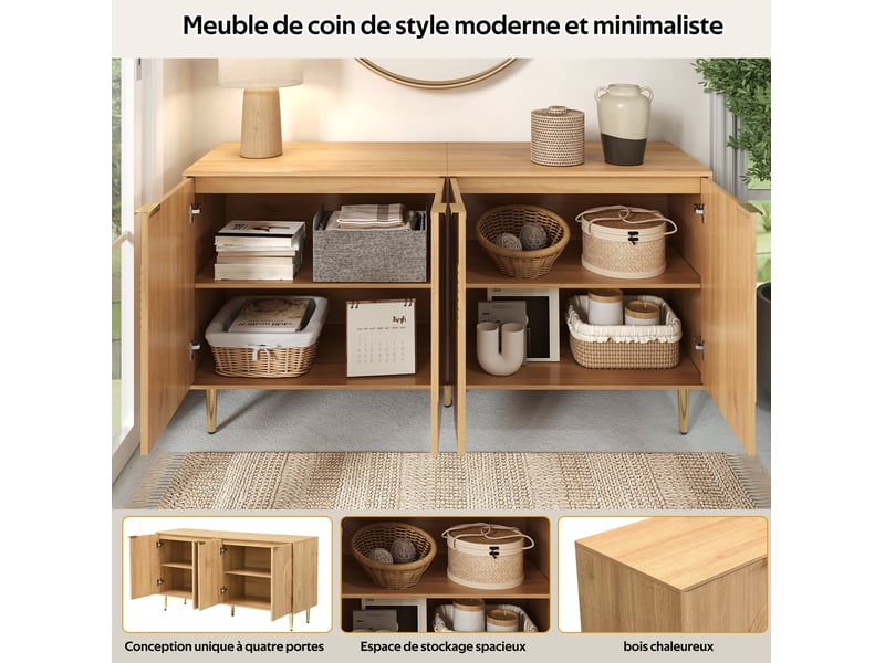  Buffet 140x40x72 cm, 4 portes, meuble salon, grand rangement avec étagères réglables, pieds métal doré, mdf naturel  - Conforama E