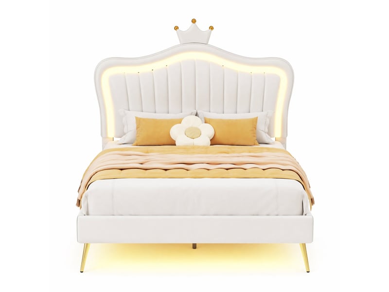  Lit enfant rembourré 90x200 cm avec led et tête de lit couronne blanc  - Conforama A