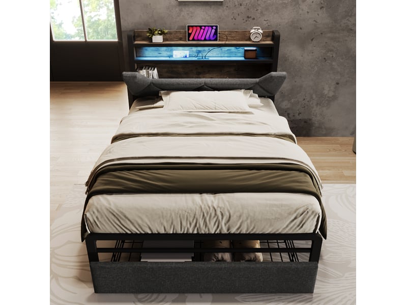  Modenvie lit 1 place 90x200 cm - avec led, ports usb-c et tête de lit avec rangement - gris  - Conforama E