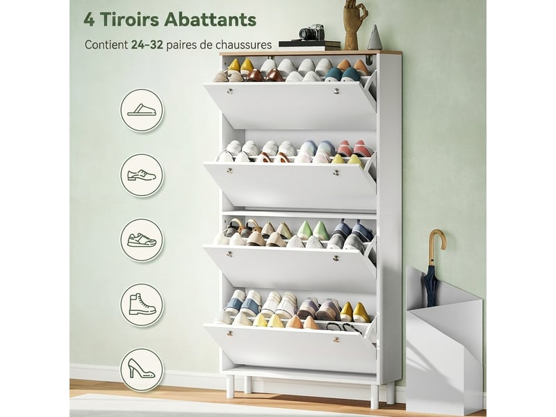  Meuble à chaussures 32 paires avec 4 tiroirs rabattables, étagères réglables, moderne, 80 x 23,5 x 157 cm, blanc  - Conforama E