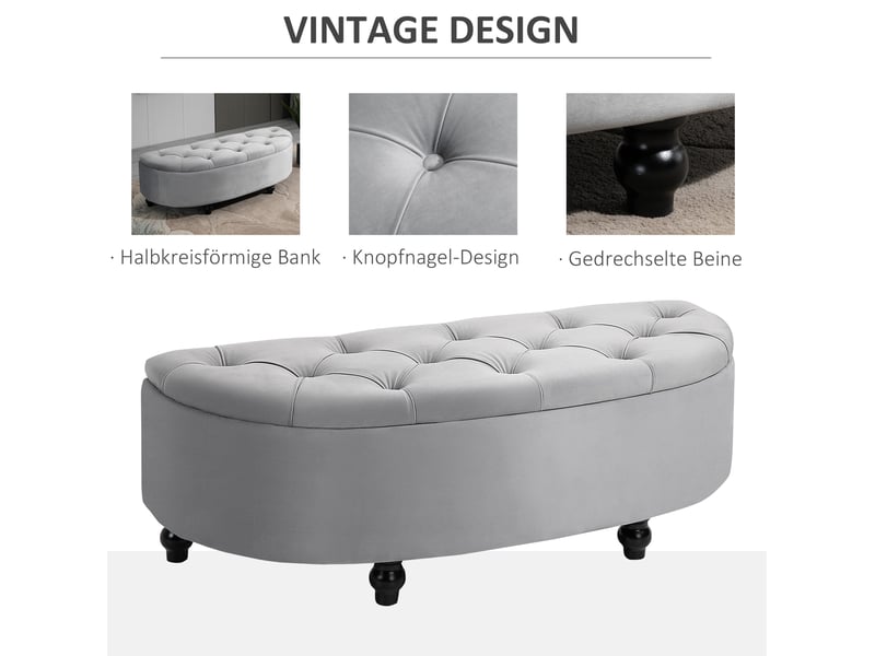  Banc coffre 120x46x42 cm, rangement intégré, assise moelleuse, pieds en bois, meuble chambre et salon, polyester, gris  - Conforama E
