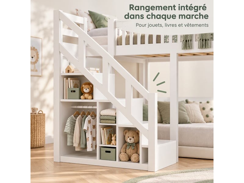  Lit mezzanine enfant 140x200 cm avec escalier de rangement, lit surélevé avec sommier et barrière, lit avec rangement, cadre de lit double, bois massif, blanc  - Conforama C