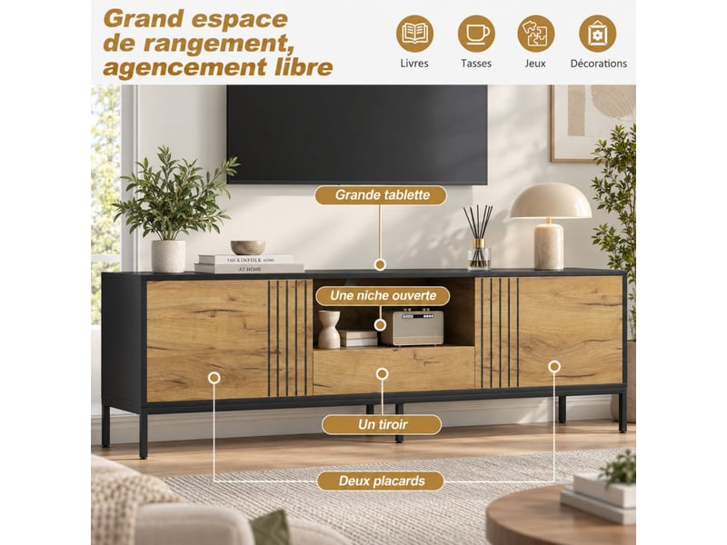  Meuble tv 170 cm décor bois et noir avec 2 portes, 1 tiroir et niches ouvertes, pour tv jusqu’à 70 pouces  - Conforama D