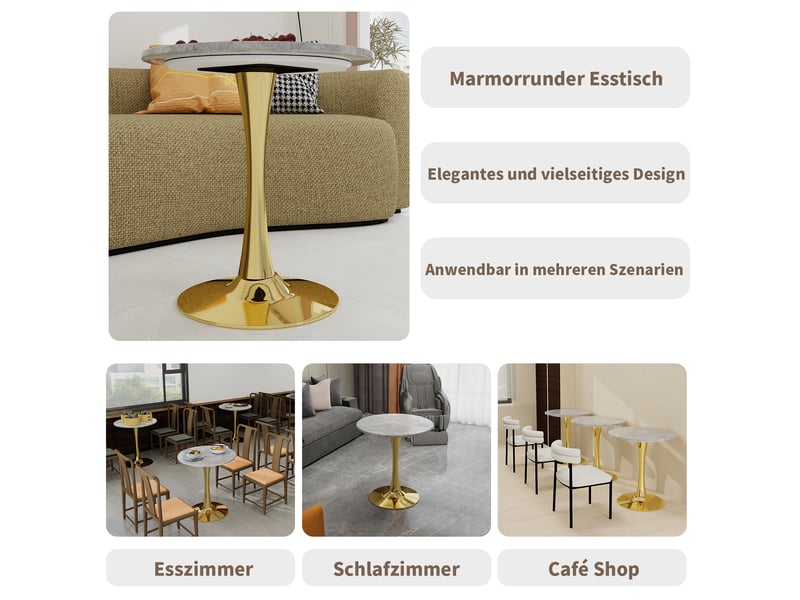  Table ronde 70 cm style mid-century – plateau en marbre artificiel gris clair – piètement doré  - Conforama E